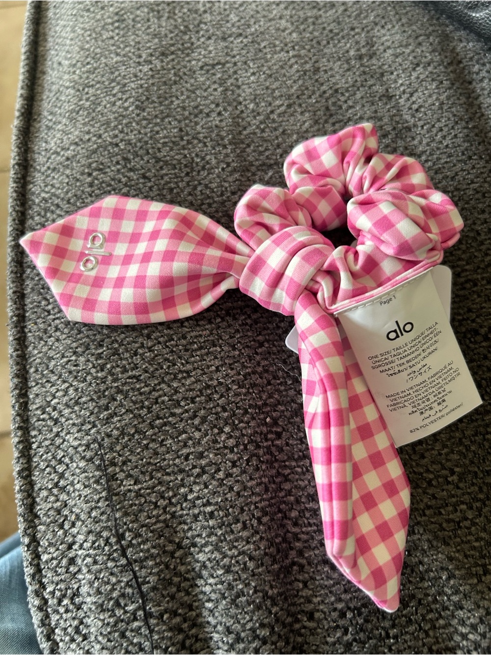 ALO Yoga Pink Gingham Bow Scrunchie with Tails